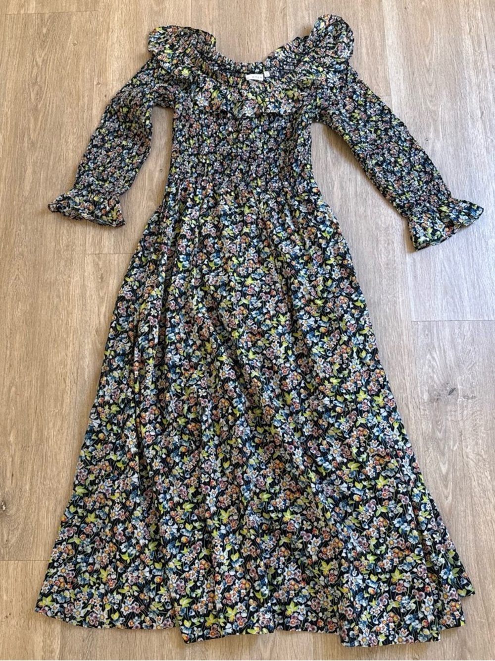 Doen Rosenda Black Floral Maxi Dress with Smocked Bodice in Blossom Bloom M
